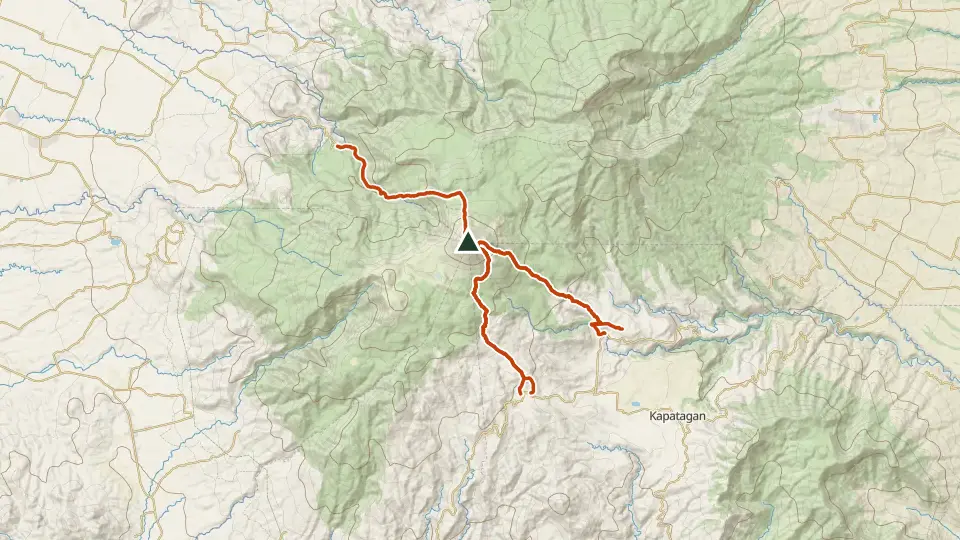 Topographic map of Mt. Apo with its mapped routes in orange and the summit marked
