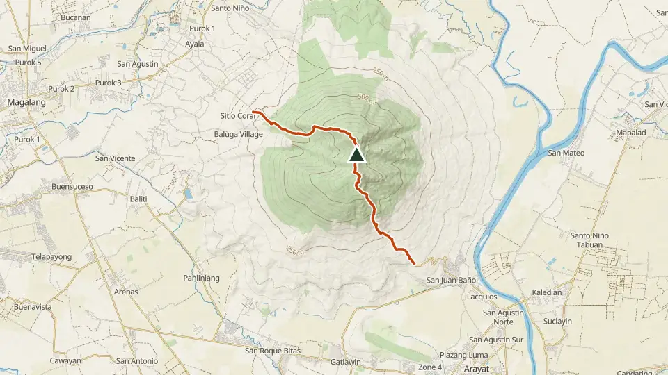 Topographic map of Mt. Arayat with its mapped routes in orange and the summit marked