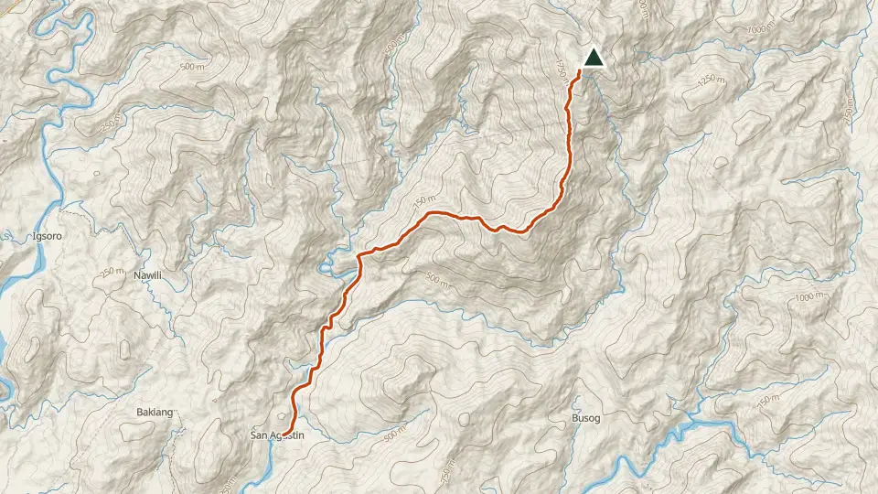 Topographic map of Mt. Baloy Daku with its mapped routes in orange and the summit marked