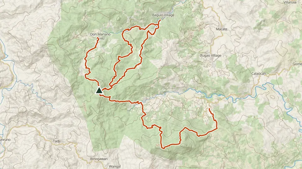 Topographic map of Mt. Batong Baket with its mapped routes in orange and the summit marked