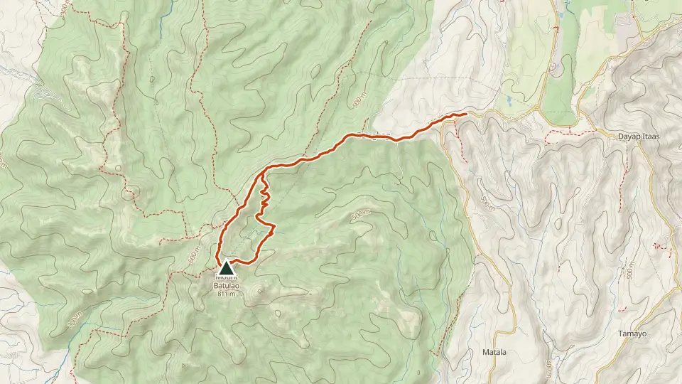 Topographic map of Mt. Batulao with its mapped routes in orange and the summit marked