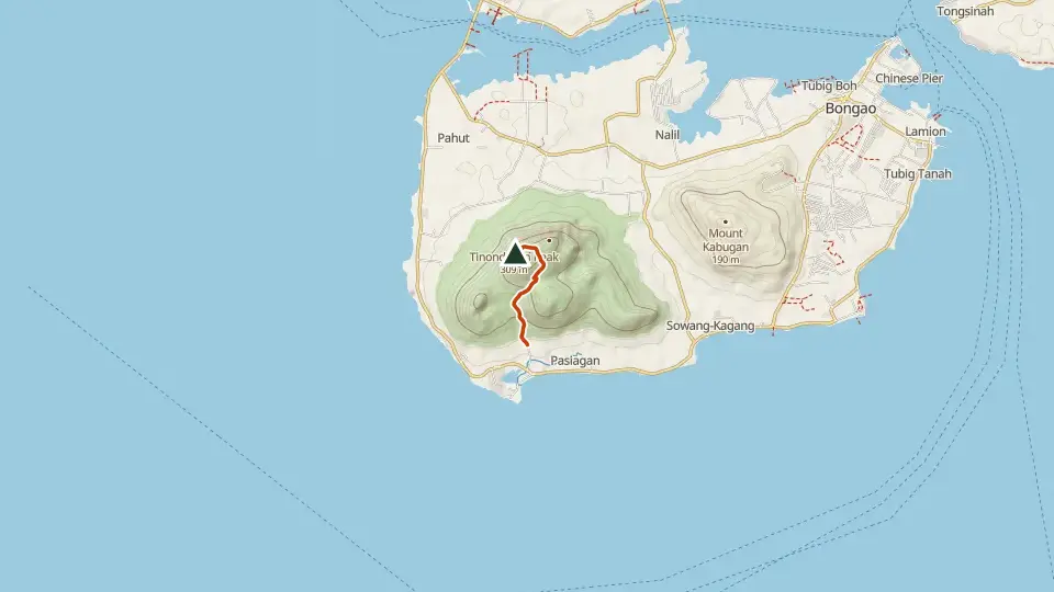 Topographic map of Bud Bongao with its mapped routes in orange and the summit marked