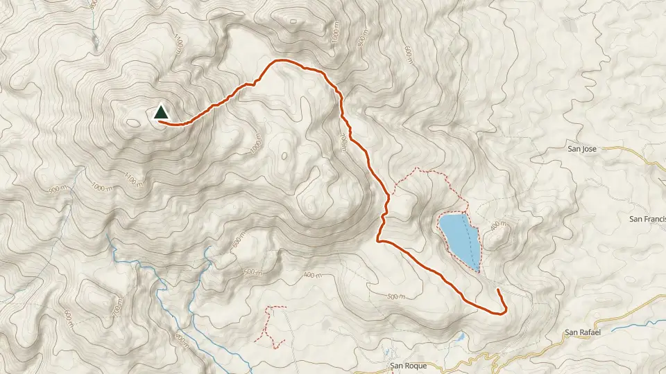 Topographic map of Mt. Bulusan with its mapped routes in orange and the summit marked
