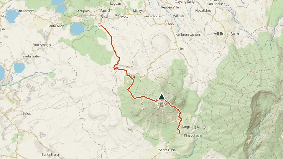 Topographic map of Mt. Cristobal with its mapped routes in orange and the summit marked