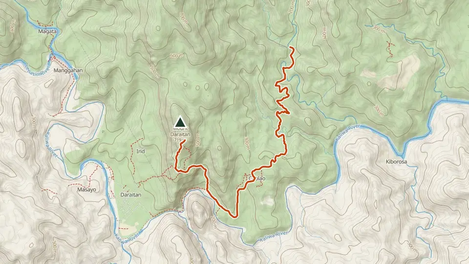 Topographic map of Mt. Daraitan with its mapped routes in orange and the summit marked
