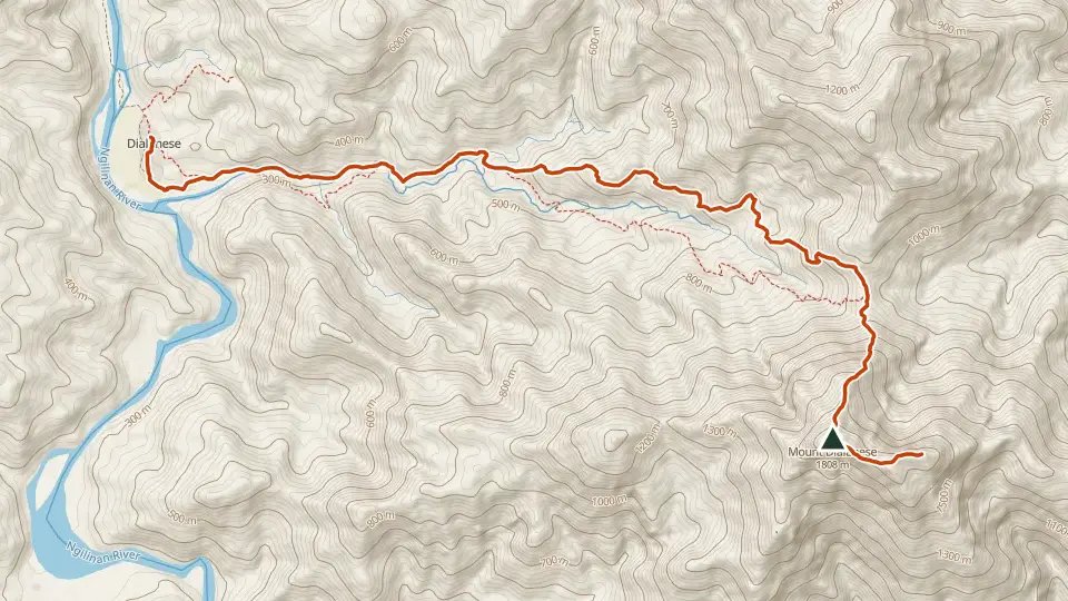 Topographic map of Mt. Dialanese with its mapped routes in orange and the summit marked