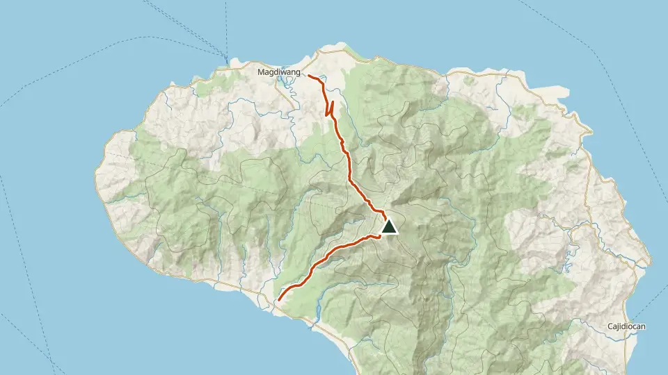 Topographic map of Mt. Guiting-Guiting with its mapped routes in orange and the summit marked