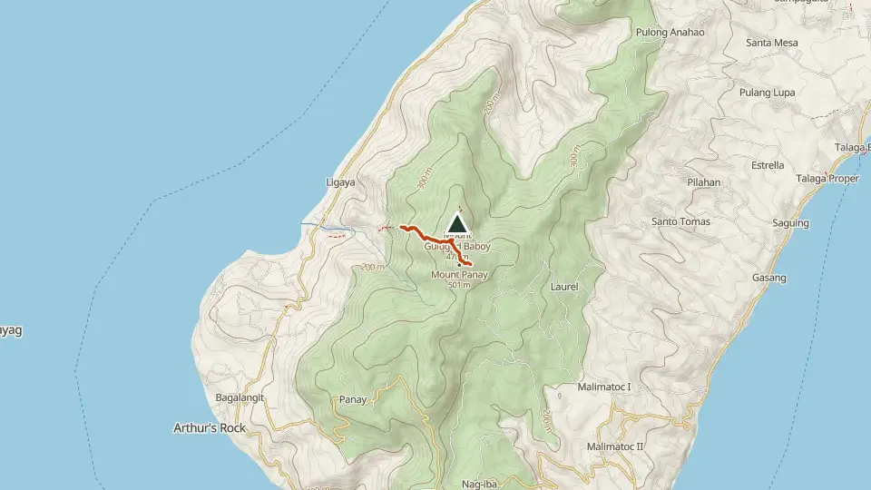 Topographic map of Mt. Gulugod Baboy with its mapped routes in orange and the summit marked