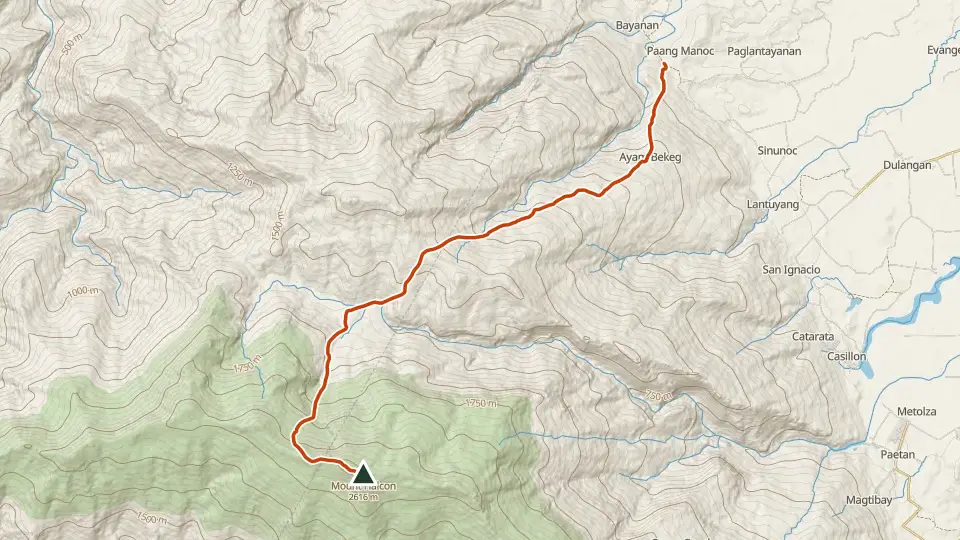 Topographic map of Mt. Halcon with its mapped routes in orange and the summit marked