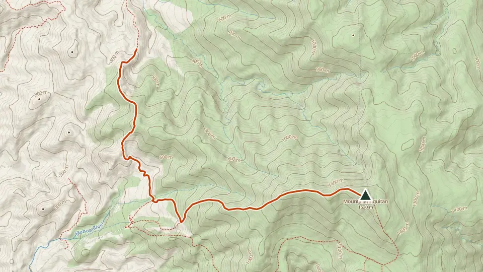 Topographic map of Mt. Hamiguitan with its mapped routes in orange and the summit marked