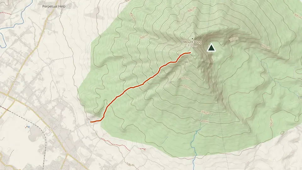 Topographic map of Mt. Iriga (Asog) with its mapped routes in orange and the summit marked