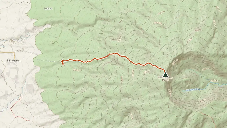 Topographic map of Mt. Isarog with its mapped routes in orange and the summit marked