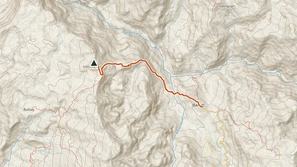 Topographic map of Mt. Kabunian with its mapped routes in orange and the summit marked