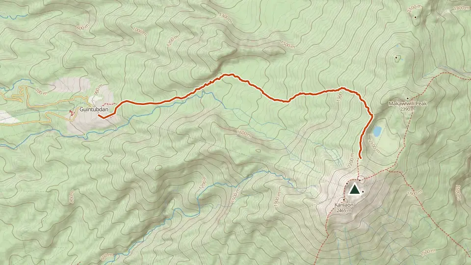 Topographic map of Kanlaon Volcano with its mapped routes in orange and the summit marked