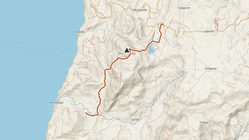 Topographic map of Mt. Lanaya with its mapped routes in orange and the summit marked