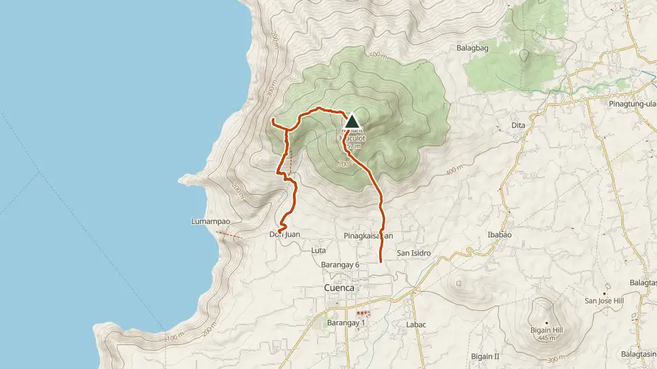 Topographic map of Mt. Maculot with its mapped routes in orange and the summit marked