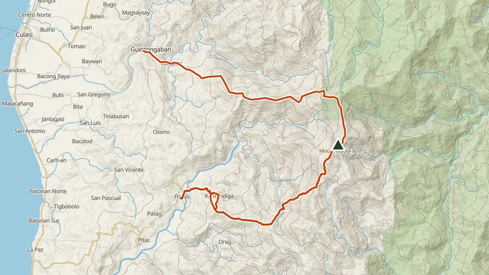 Topographic map of Mt. Madja-as with its mapped routes in orange and the summit marked