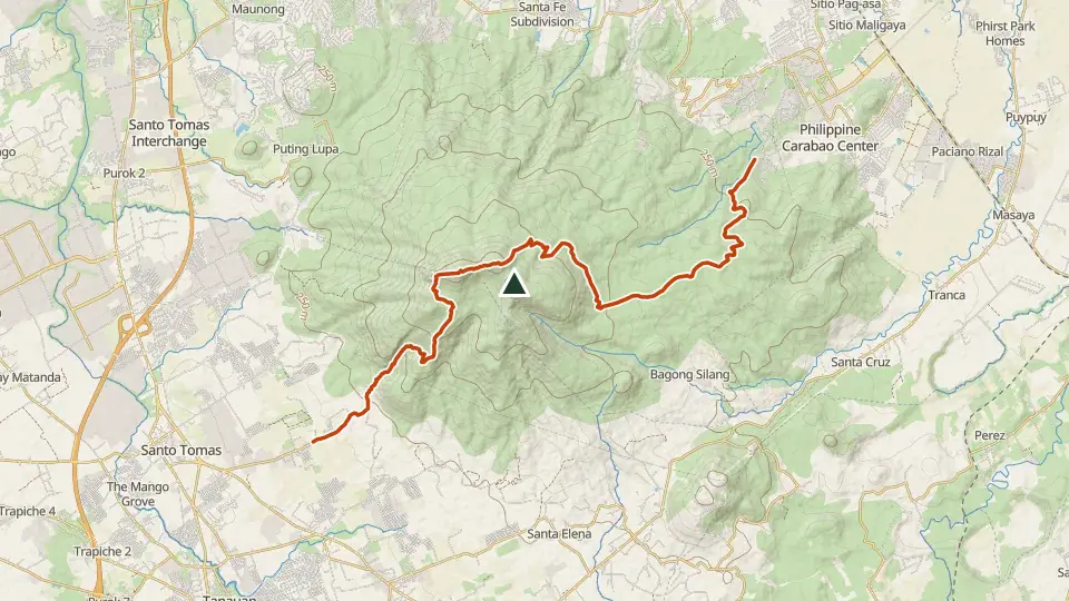 Topographic map of Mt. Makiling with its mapped routes in orange and the summit marked