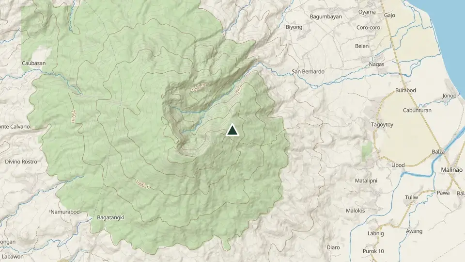 Topographic map of the area around the Mt. Malinao summit
