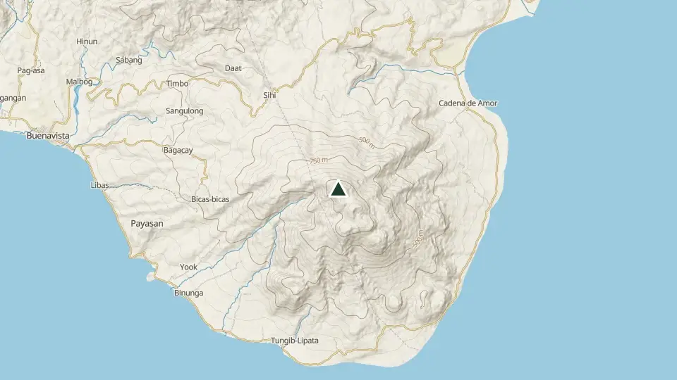 Topographic map of the area around the Mt. Malindig summit