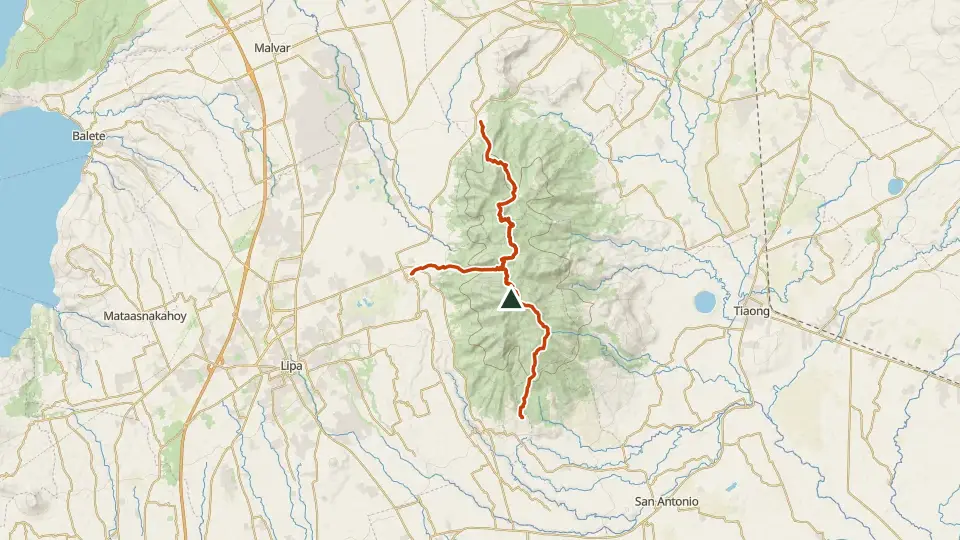 Topographic map of Mt. Malipunyo with its mapped routes in orange and the summit marked