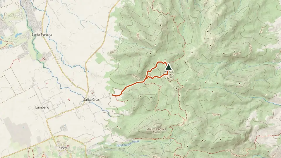 Topographic map of Mt. Manabu with its mapped routes in orange and the summit marked