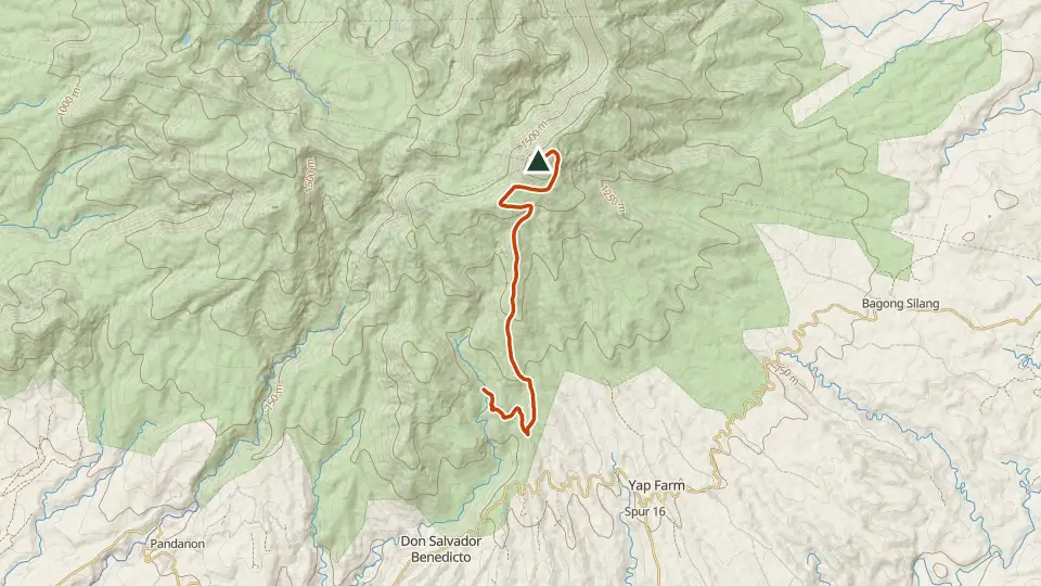 Topographic map of Mt. Mandalagan with its mapped routes in orange and the summit marked