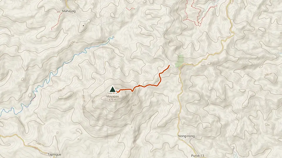 Topographic map of Mt. Mayapay with its mapped routes in orange and the summit marked