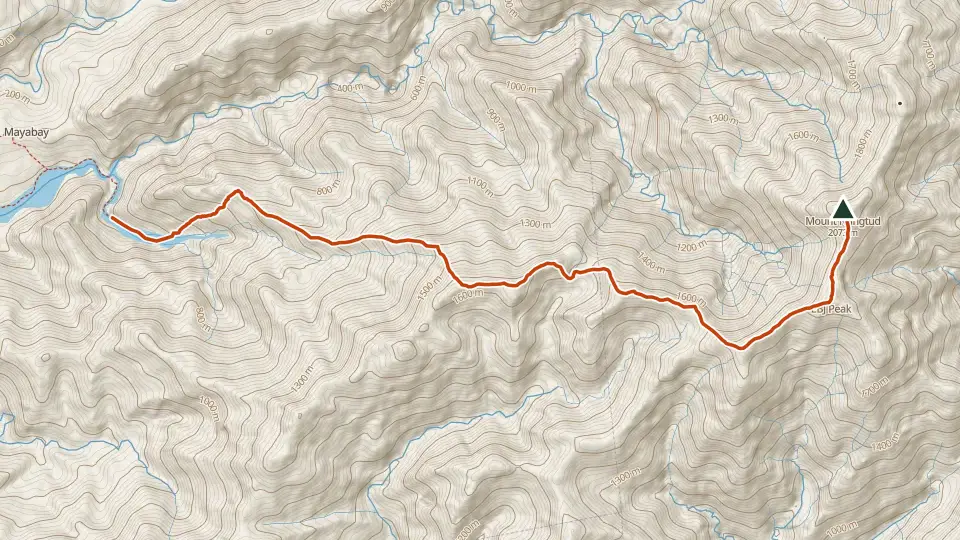 Topographic map of Mt. Nangtud with its mapped routes in orange and the summit marked