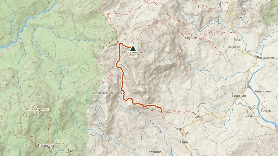 Topographic map of Mt. Napulak with its mapped routes in orange and the summit marked