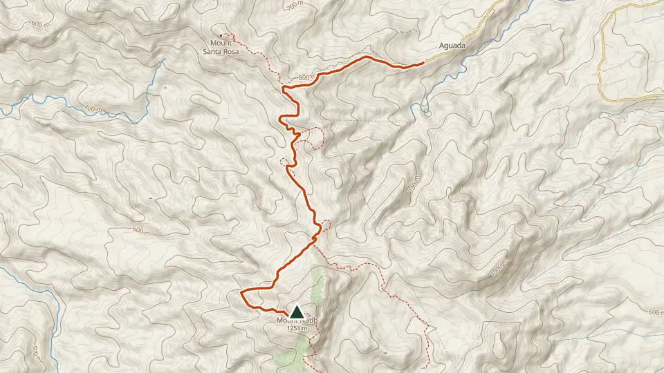 Topographic map of Mt. Natib with its mapped routes in orange and the summit marked