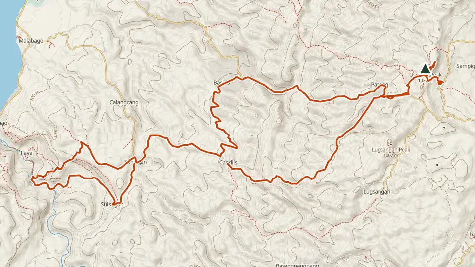 Topographic map of Osmeña Peak with its mapped routes in orange and the summit marked