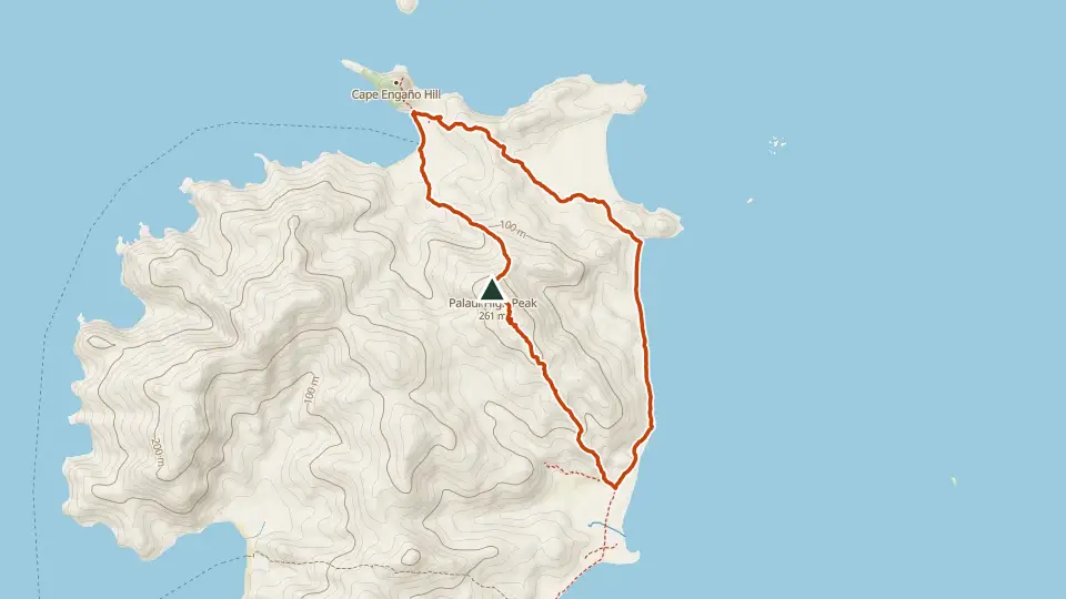 Topographic map of Palaui Island (Cape Engaño) with its mapped routes in orange and the summit marked
