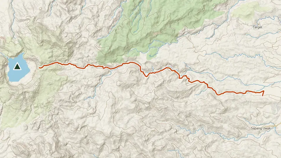 Topographic map of Mt. Pinatubo with its mapped routes in orange and the summit marked