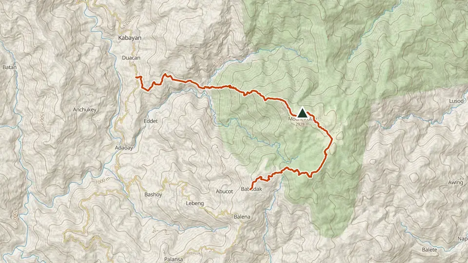 Topographic map of Mt. Pulag with its mapped routes in orange and the summit marked