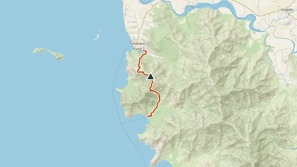 Topographic map of Mt. Pundaquit with its mapped routes in orange and the summit marked