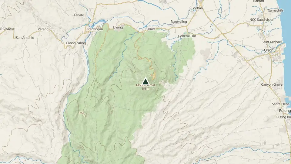 Topographic map of the area around the Mt. Samat summit