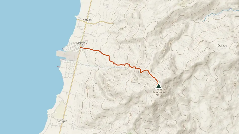 Topographic map of Mt. Sembrano with its mapped routes in orange and the summit marked