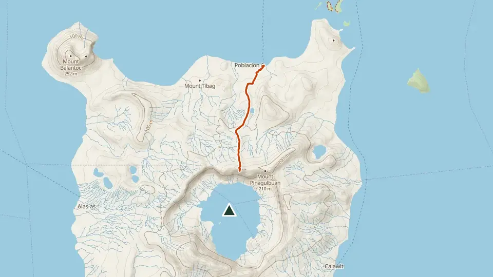 Topographic map of Taal Volcano with its mapped routes in orange and the summit marked