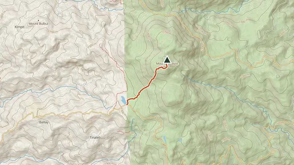 Topographic map of Mt. Tabayoc with its mapped routes in orange and the summit marked