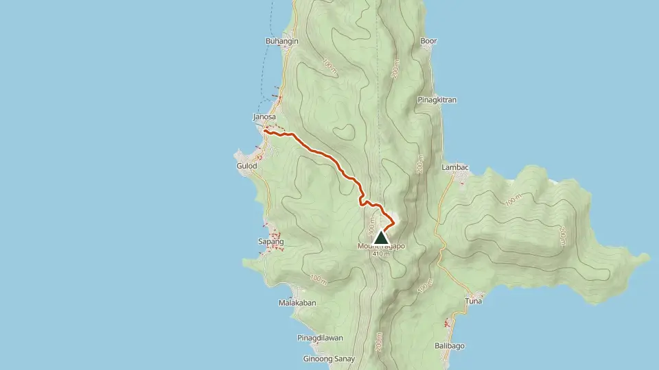 Topographic map of Mt. Tagapo with its mapped routes in orange and the summit marked