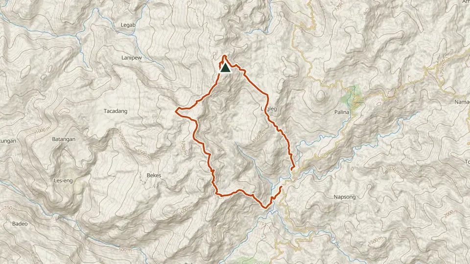 Topographic map of Mt. Tagpew (Kibungan) with its mapped routes in orange and the summit marked
