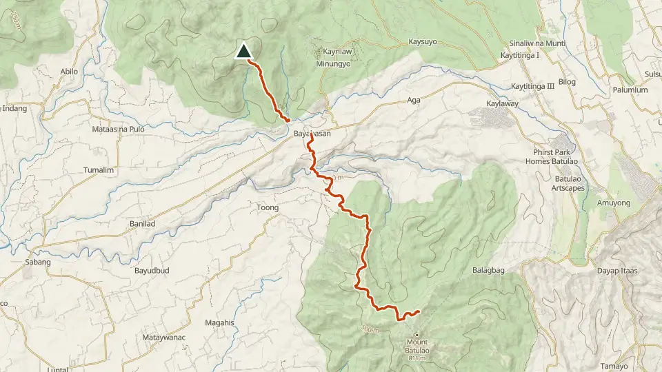 Topographic map of Mt. Talamitam with its mapped routes in orange and the summit marked