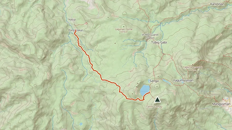 Topographic map of Mt. Talinis (Cuernos de Negros) with its mapped routes in orange and the summit marked