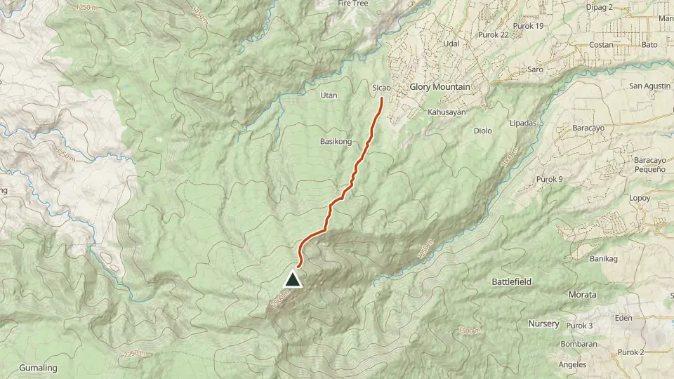 Topographic map of Mt. Talomo with its mapped routes in orange and the summit marked