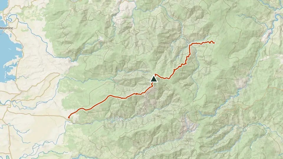 Topographic map of Mt. Tapulao (High Peak) with its mapped routes in orange and the summit marked