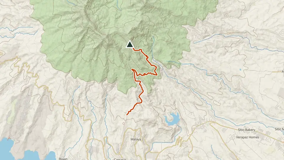 Topographic map of Tarak Ridge (Mt. Mariveles) with its mapped routes in orange and the summit marked