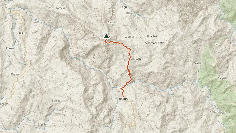 Topographic map of Mt. Tenglawan with its mapped routes in orange and the summit marked