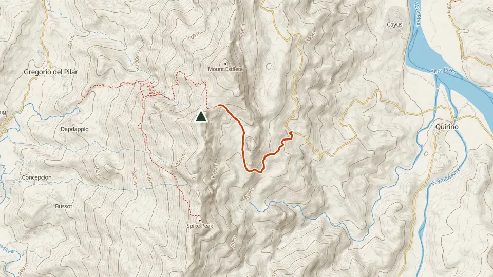 Topographic map of Tirad Peak with its mapped routes in orange and the summit marked