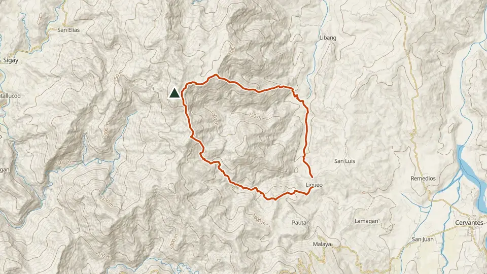Topographic map of Mt. Tuwato with its mapped routes in orange and the summit marked